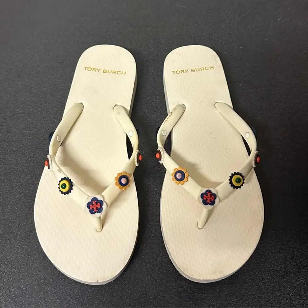 Tory Burch Marguerite Embellished Flower Flip Flops Ivory Size 5 Pool Sandals